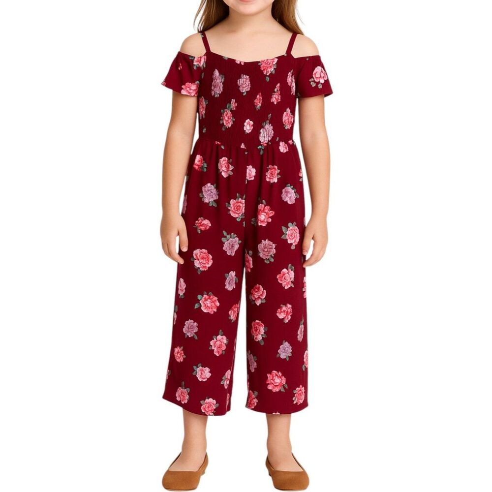 Abercrombie Kids Cold-Shoulder Floral Jumpsuit, Burgundy | Size 5/6